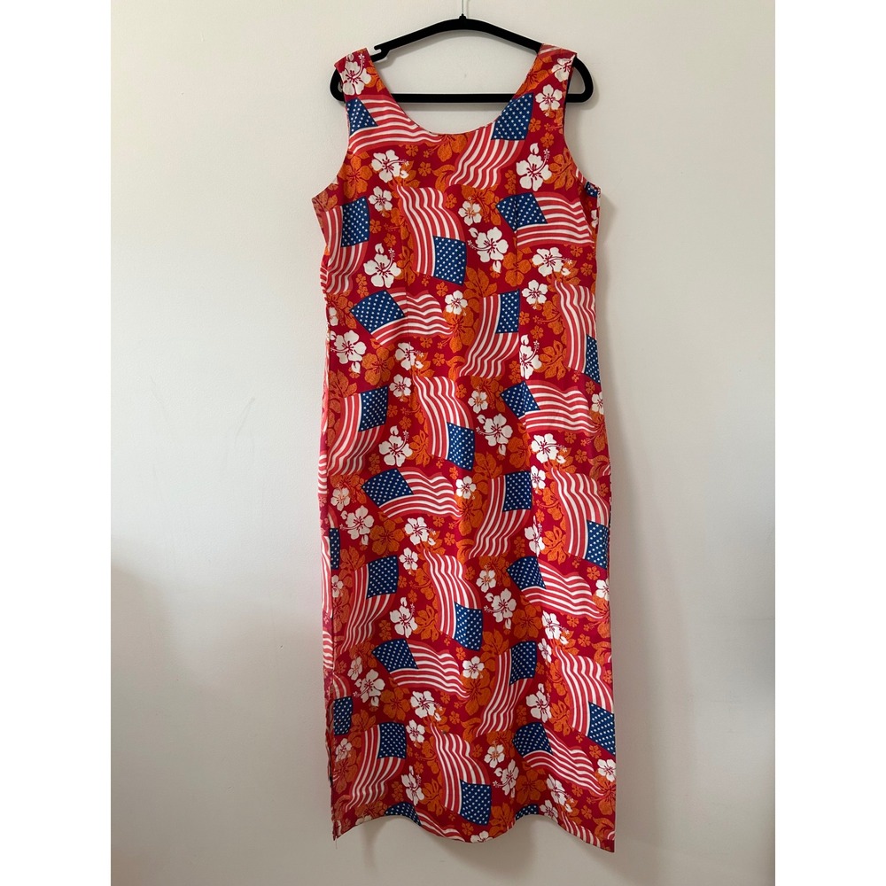 Vintage Made in Hawaii American Flag Hibiscus Maxi Dress XL Red Patriotic Summer